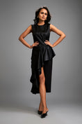 Load image into Gallery viewer, Asymmetrical Black Dress with Ruched Side and Ruffles