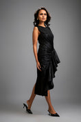 Load image into Gallery viewer, Asymmetrical Black Dress with Ruched Side and Ruffles