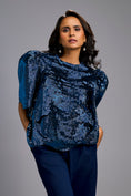 Load image into Gallery viewer, Textured Navy Blue Shimmer Top with Sculptural Shoulders and Cropped Pants
