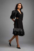 Load image into Gallery viewer, Black Midi Dress with Shimmer Sleeves and Tiered Skirt