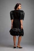 Load image into Gallery viewer, Black Midi Dress with Shimmer Sleeves and Tiered Skirt