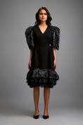 Load image into Gallery viewer, Black Midi Dress with Shimmer Sleeves and Tiered Skirt