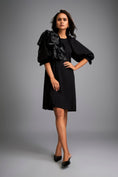 Load image into Gallery viewer, Black A-Line Dress with Shimmer Shoulders and Three-Quarter Sleeves