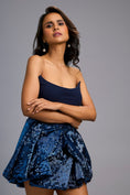Load image into Gallery viewer, Strapless Navy Blue Mini Dress With Voluminous Shimmer Bottom