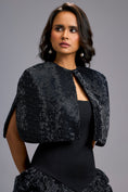 Load image into Gallery viewer, Strapless Black Dress with Voluminous Shimmer Skirt & Cape