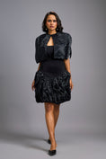 Load image into Gallery viewer, Strapless Black Dress with Voluminous Shimmer Skirt & Cape