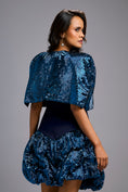 Load image into Gallery viewer, Strapless Navy Blue Dress with Voluminous Shimmer Skirt & Cape