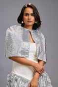 Load image into Gallery viewer, Strapless White Dress with Voluminous Shimmer Skirt & Cape
