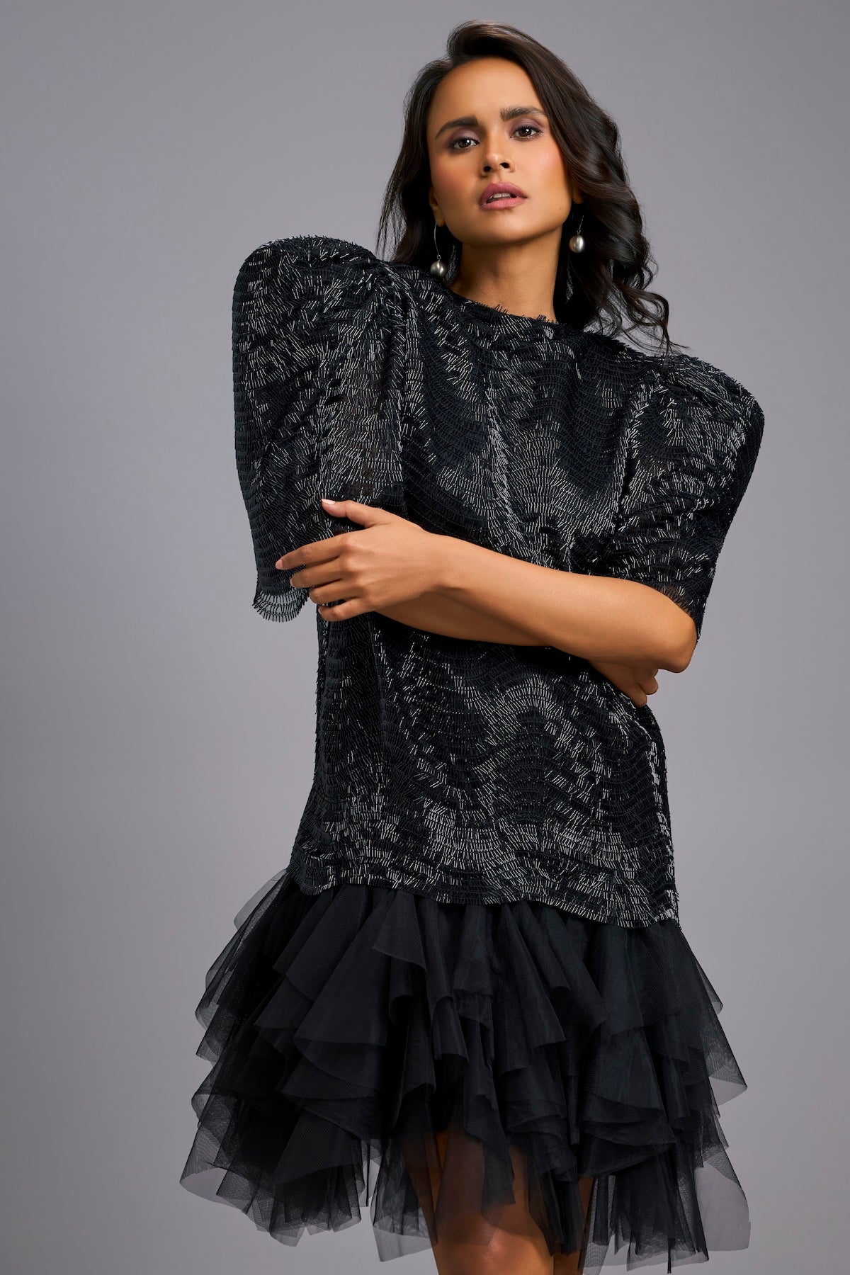 black shimmering dress Black Shimmer Dress with Puff Sleeves & Tulle Hem M / Black / Roma & Sequin