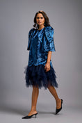 Load image into Gallery viewer, Navy Blue Shimmer Dress with Puff Sleeves & Tulle Hem