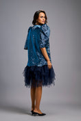 Load image into Gallery viewer, Navy Blue Shimmer Dress with Puff Sleeves & Tulle Hem