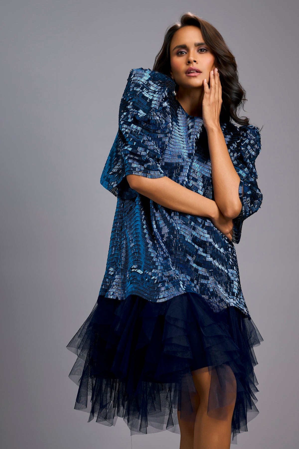 Navy Blue Shimmer Dress with Puff Sleeves & Tulle Hem – Deepika Arora
