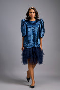 Load image into Gallery viewer, Navy Blue Shimmer Dress with Puff Sleeves & Tulle Hem
