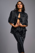 Load image into Gallery viewer, Black Shimmer Co-ord Set with Cape & Midi Skirt