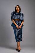 Load image into Gallery viewer, Navy Blue Shimmer Co-ord Set with Cape & Midi Skirt