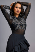 Load image into Gallery viewer, Grey Swarovski-Embroidered Top with Asymmetrical Skirt