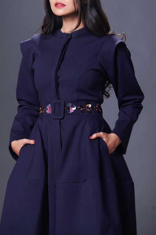 Navy Blue Jacket Dress With Hand Embroidered Belt