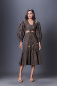 Load image into Gallery viewer, Olive Green Hand Embroidered Cutout Dress With Puffed Sleeves