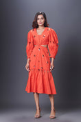 Load image into Gallery viewer, Orange Hand Embroidered Cutout Dress With Puffed Sleeves