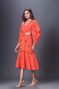 Load image into Gallery viewer, Orange Hand Embroidered Cutout Dress With Puffed Sleeves