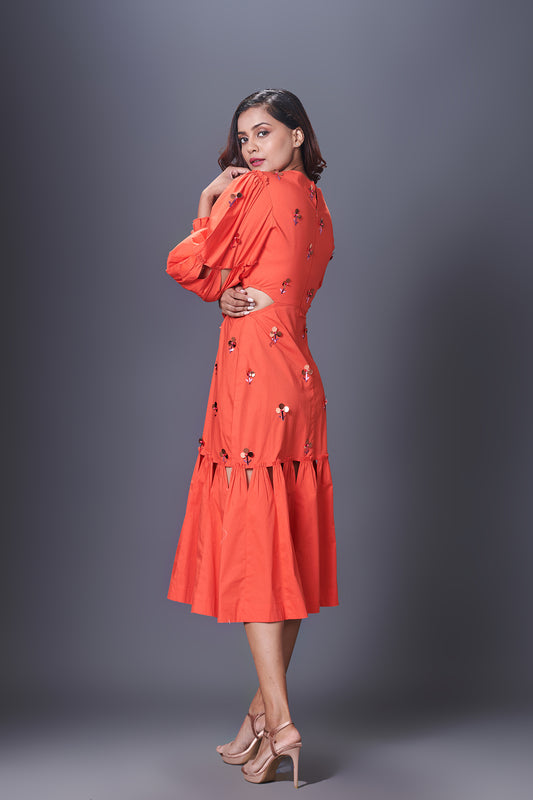 Orange Hand Embroidered Cutout Dress With Puffed Sleeves
