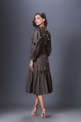 Load image into Gallery viewer, Olive Green Hand Embroidered Cutout Dress With Puffed Sleeves