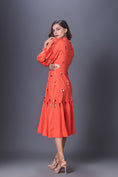 Load image into Gallery viewer, Orange Hand Embroidered Cutout Dress With Puffed Sleeves