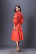 Load image into Gallery viewer, Orange Hand Embroidered Cutout Dress With Puffed Sleeves