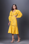 Load image into Gallery viewer, Yellow Hand Embroidered Cutout Dress With Puffed Sleeves