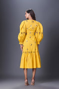 Load image into Gallery viewer, Yellow Hand Embroidered Cutout Dress With Puffed Sleeves