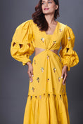 Load image into Gallery viewer, Yellow Hand Embroidered Cutout Dress With Puffed Sleeves