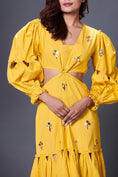 Load image into Gallery viewer, Yellow Hand Embroidered Cutout Dress With Puffed Sleeves
