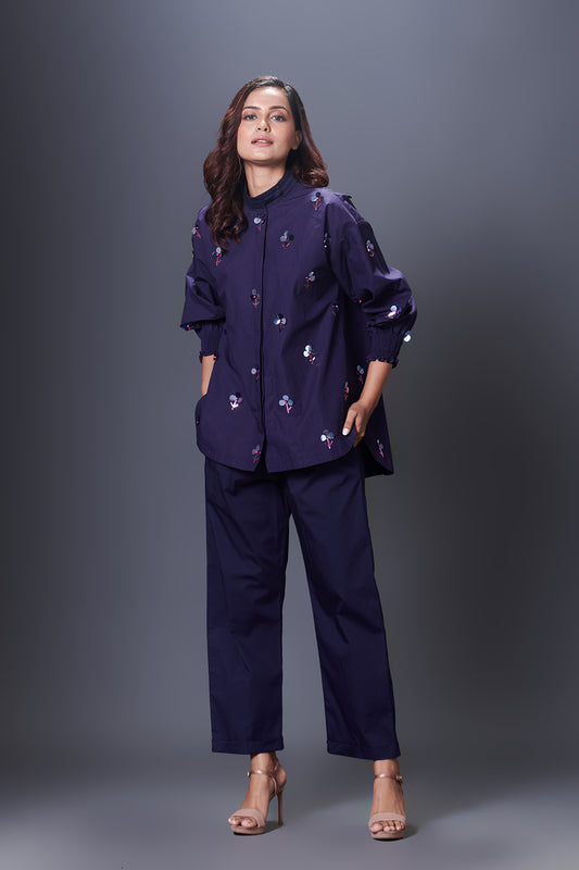 Navy Blue Hand Embroidered Shirt With Pants Co-Ord Set