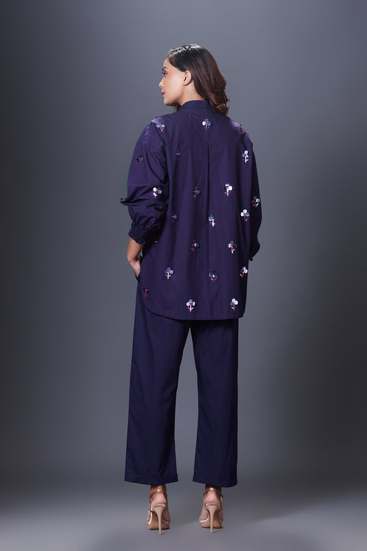 Navy Blue Hand Embroidered Shirt With Pants Co-Ord Set
