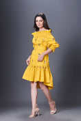 Load image into Gallery viewer, Yellow Hand Embroidered Off-Shoulder High-Low Dress Comes With Belt