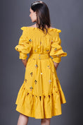Load image into Gallery viewer, Yellow Hand Embroidered Off-Shoulder High-Low Dress Comes With Belt