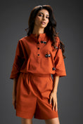 Load image into Gallery viewer, Rust Butterfly Embellished Half-Placket Top & Shorts Set
