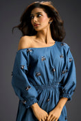Load image into Gallery viewer, Blue Off-Shoulder Dress with Butterfly Embellishments