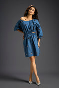 Load image into Gallery viewer, Blue Off-Shoulder Dress with Butterfly Embellishments