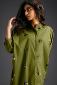 Load image into Gallery viewer, Green Oversized Shirt Dress with Butterfly Motifs
