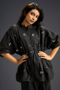 Load image into Gallery viewer, Black Butterfly Embellished Drawstring Shirt & Wide-Leg Pants Set