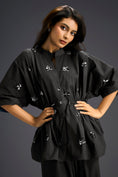 Load image into Gallery viewer, Black Butterfly Embellished Drawstring Shirt & Wide-Leg Pants Set