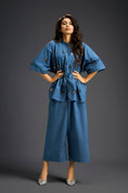 Load image into Gallery viewer, Blue Butterfly Embellished Drawstring Shirt & Wide-Leg Pants Set