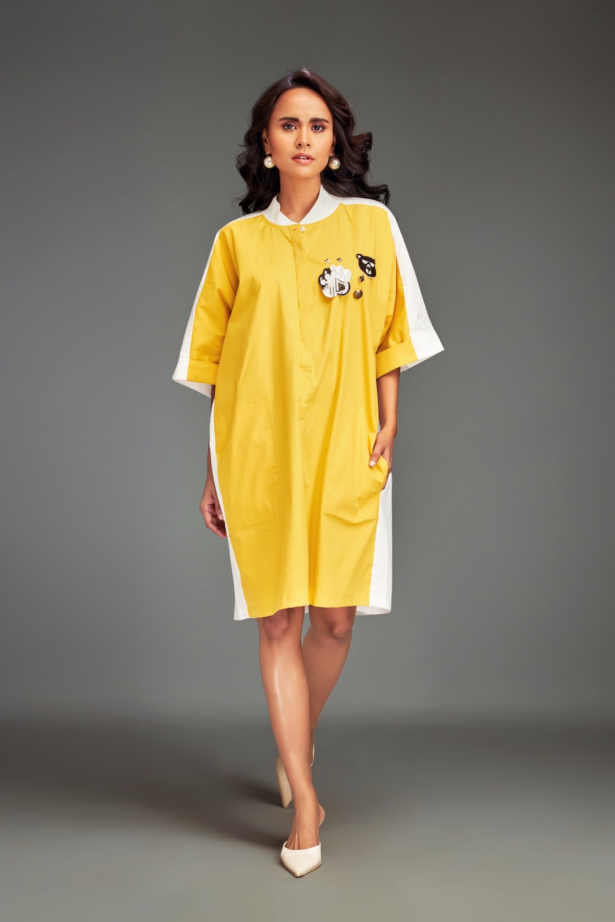 two tone metallic dress Two-Tone Dress with Metallic Embellishments S / Yellow / Cotton