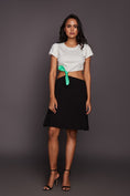 Load image into Gallery viewer, White & Black Short Midi Dress With Green Side Tie-Up
