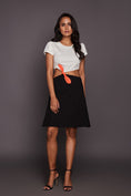 Load image into Gallery viewer, White & Black Short Midi Dress With Orange Side Tie-Up