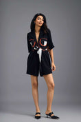 Load image into Gallery viewer, BLACK TAILORED PLAYSUIT WITH NEON COLOUR-BLOCK POCKET PANEL