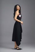 Load image into Gallery viewer, BLACK CO-ORD SET WITH NEON PIPED CORSET TOP AND ASYMMETRIC RUFFLE SKIRT