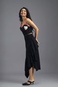 Load image into Gallery viewer, BLACK CO-ORD SET WITH NEON PIPED CORSET TOP AND ASYMMETRIC RUFFLE SKIRT