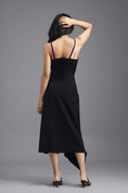 Load image into Gallery viewer, BLACK CO-ORD SET WITH NEON PIPED CORSET TOP AND ASYMMETRIC RUFFLE SKIRT